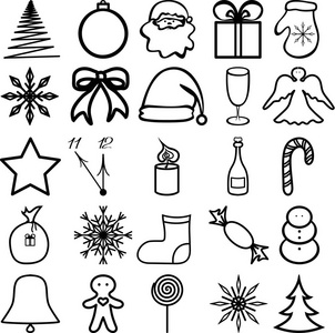 新年, 圣诞元素和图标。矢量设计。黑色的白色背景。用于贺卡横幅徽标。可用于假日设计