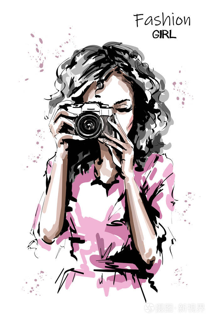 手绘美丽的年轻女子与照片相机.时尚优雅的女孩.时尚女性肖像.素描