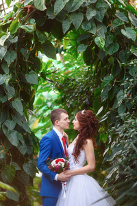 婚礼。幸福的新娘和新郎一起在花园里。婚姻观念