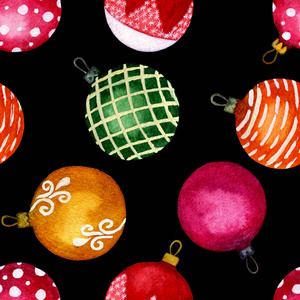 无缝图案水彩画圣诞球的黑色背景。适用于背景纹理包装纸图案面料等