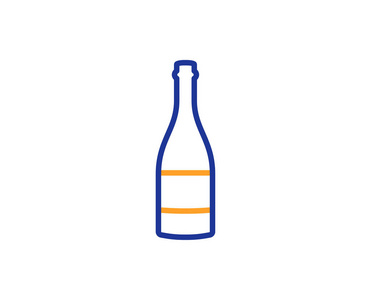 香槟瓶线图标。周年酒标。庆祝活动饮料。五颜六色的轮廓概念。蓝色和橙色细线颜色图标。香槟酒瓶向量