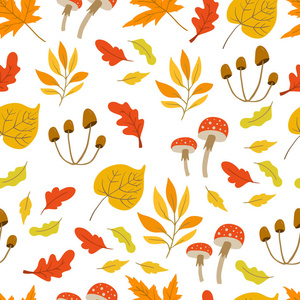 向量无缝的样式与蘑菇, 橡木, 枫树, 杨树叶子和植物在白色背景。秋天的森林。完美的壁纸, 礼品纸, 秋季贺卡