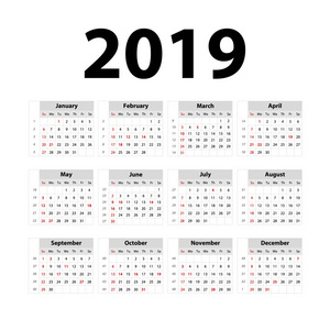 向量日历2019年。灰色。周从周日开始。英文日历。新的一年。色彩简单的设计艺术