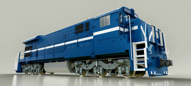 现代蓝色内燃机车, 具有强大的动力和力量, 用于移动长重型铁路列车。3d 渲染