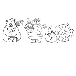 一套黑白向量插图, 北极熊, 新的一年, 圣诞节, 贺卡