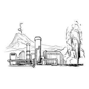 粉笔画背景地热电站.素描在黑板上模仿粉笔画.