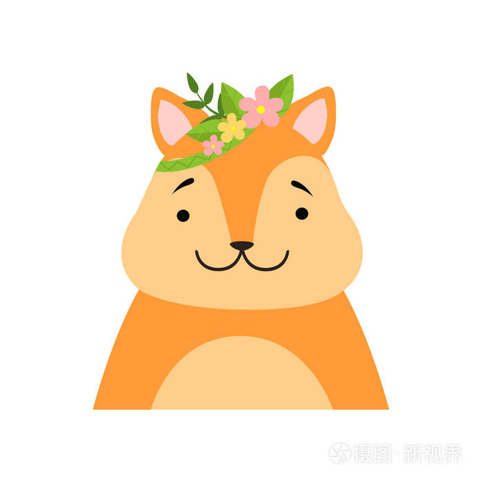 滑稽狐狸戴着花环的花朵, 可爱的卡通动物字符头像矢量例证在白色背景