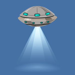 ufo 飞行太空飞船查出在蓝色背景, 光线光, 动画片样式, 向量例证。概念模板