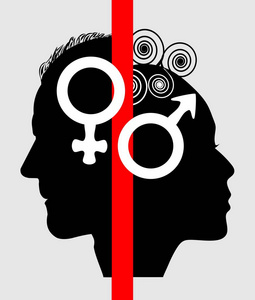 女人和男人的半脸轮廓, 象征女性的性别和男性男人思考女人, 女人思考男人。在浅灰色背景的黑色剪影脸轮廓