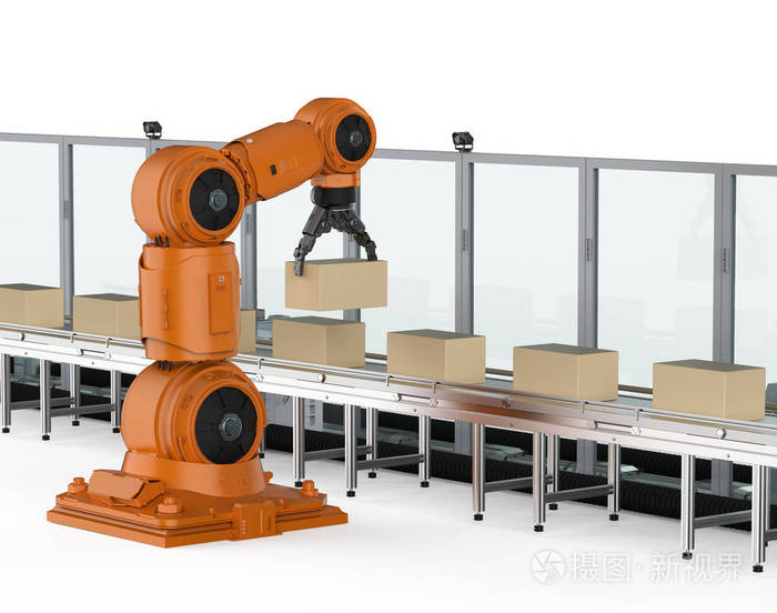 3d 渲染机器人臂带纸板箱的自动化工业概念传送带照片-正版商用图片0t