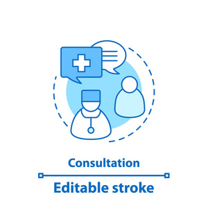 医生咨询概念图标。医生预约想法薄线插图。医药和医疗保健