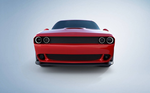 一个普通的红色无品牌美国肌肉车在浅蓝色背景的前角视图。运输理念。3d 插图和3d 渲染
