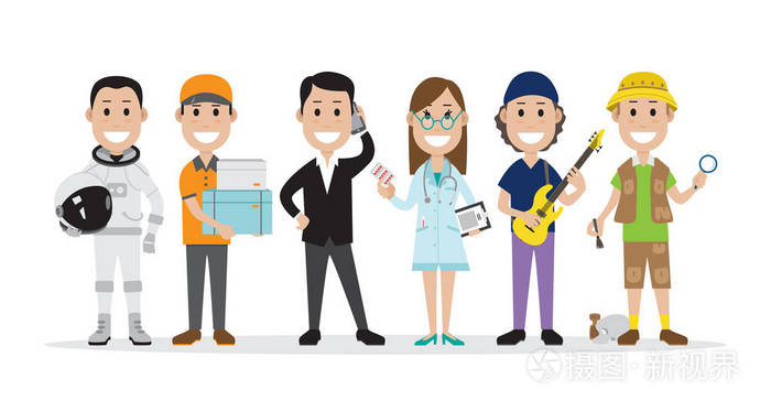 与航天员,快递员等不同职业相关的人群, 矢量插图