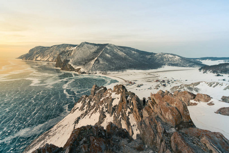 鸟瞰贝加尔湖冬季, 俄罗斯自然风光背景