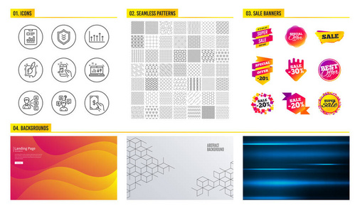 无缝模式。商场横幅。设置测验测试, 音乐电话和绘画画笔图标。意见, 盾牌和声音检查标志。报表文档增长图表和接收货币符号。向量