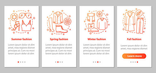 时尚收藏在移动应用程序页面屏幕上具有线性概念。秋天, 酒鬼, 春天, 夏天的服装。演练步骤图形说明。ux, ui, gui 矢量