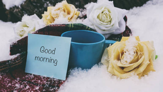 一杯茶雪，一条红色的围巾和花，纸上的字
