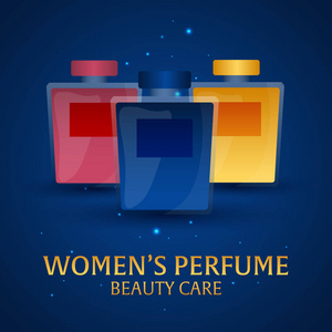 横幅女性香水。美容护理。经典瓶香水。液体的奢华香味芳香疗法。矢量图
