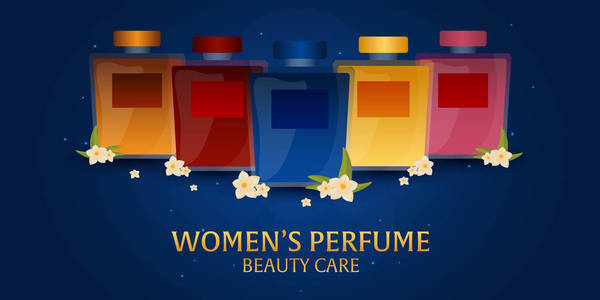 横幅女性香水。美容护理。经典瓶香水。液体的奢华香味芳香疗法。矢量图