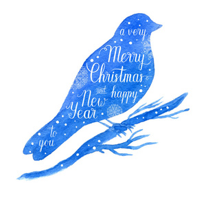 祝你圣诞快乐, 新年快乐, 贺卡, 海报用手绘的蓝色水彩鸟。向量寒假背景与手文字, 雪花, 下落的雪