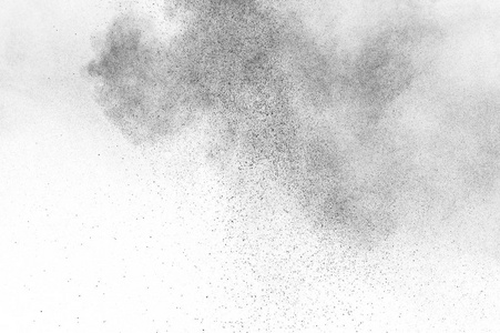 孤立在白色背景上的黑色粒子爆炸。抽象的灰尘覆盖纹理
