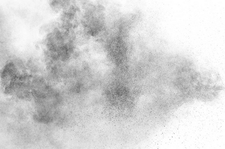 孤立在白色背景上的黑色粒子爆炸。抽象的灰尘覆盖纹理