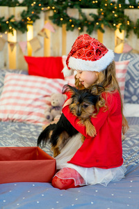 快乐的小小的女孩和狗在圣诞节