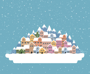 小镇在雪地落下的地方平坦的颜色和简单的设计向量例证