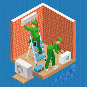 家庭维修等距模板。工人站在梯子上, 把护发素贴在砖墙上。两名工人正在安装空调系统。向量平3d 例证