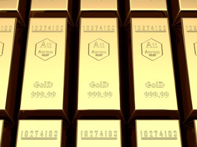 3d 许多金条的例证, 与黄金化学元素的标志从周期表。奢华成功资本贡献财富和稳定的理念。3d 渲染