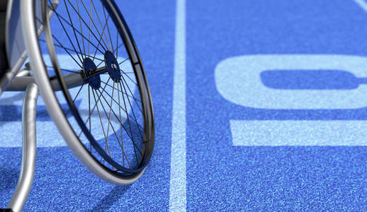 残疾人运动员使用的空改装轮椅, 在蓝色标记的田径跑道上竞争各种运动代码3d 渲染