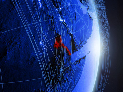 厄立特里亚在蓝色数字行星地球与网络。连接旅行和通信的概念。3d 插图。美国宇航局提供的这张图片的元素