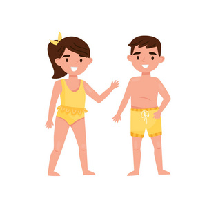 欢快的小男孩和女孩在游泳西装.儿童在水上公园.平面矢量图照片