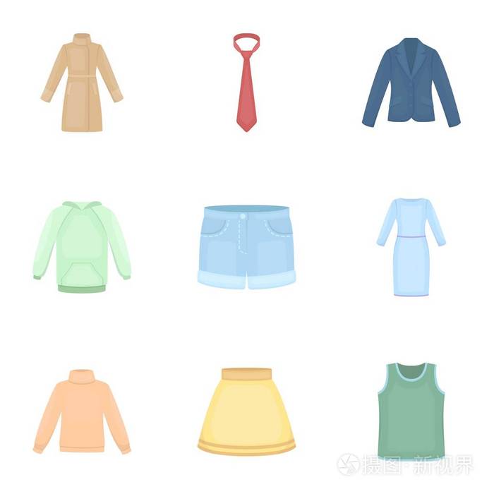 衣服在卡通风格中设置图标.衣服大集合矢量符号股票图