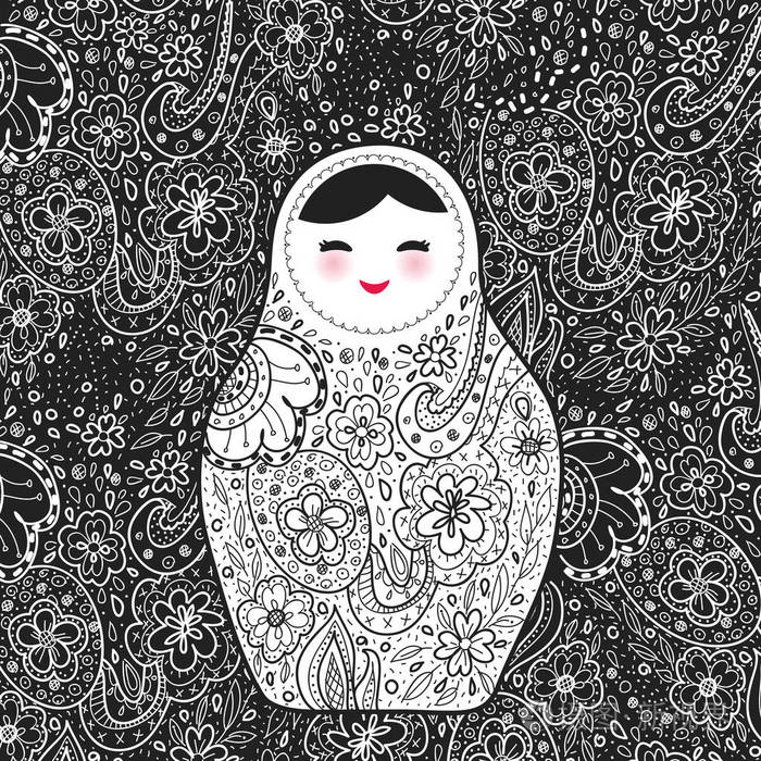俄罗斯娃娃母洛什卡巴布什卡笑脸与粉红色的脸颊, 素描花和树叶轮廓在