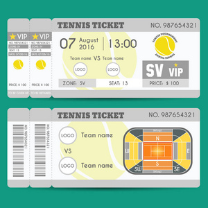 网球票现代设计。网球场地球场方案与区域。向量例证