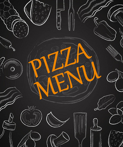 披萨菜单标题与白手在黑板上绘制成分