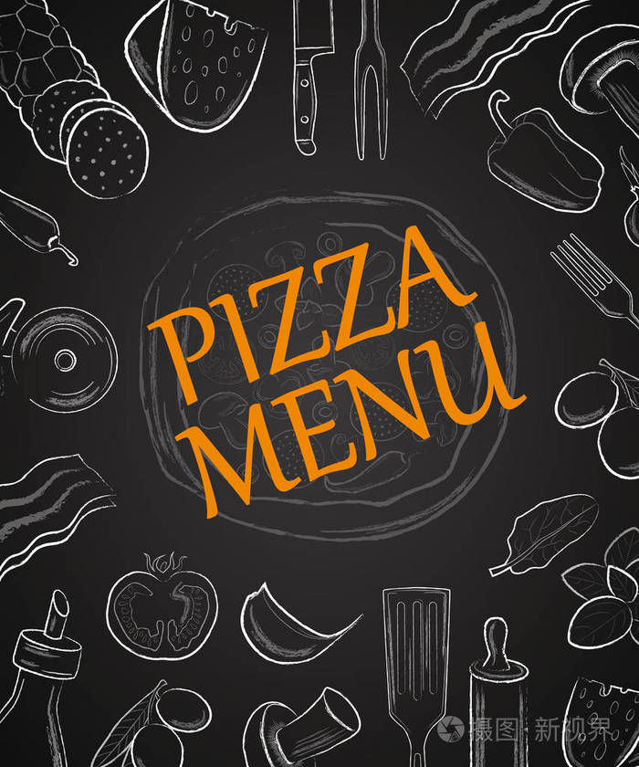 披萨菜单标题与白手在黑板上绘制成分