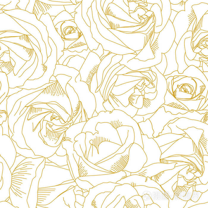 玫瑰花蕾轮廓.无缝图案与黄色和金色的花.抽象艺术, 手绘浪漫背景.向