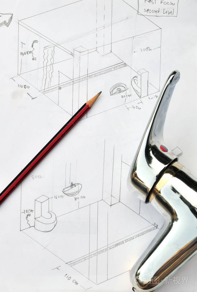手绘的浴室素描和水龙头