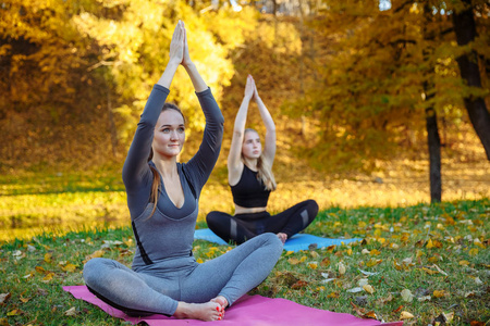 一群年轻女子在秋季城市公园做瑜伽练习。健康生活方式概念
