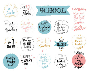 快乐的教师节标签, 贺卡, 海报设置。向量引文我爱我的老师, 你是最好的老师在白色背景与心脏, 星, 花, 飞机