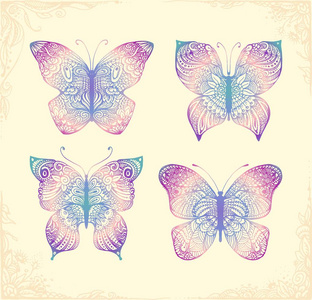 组的美丽蝴蝶。手画的涂鸦动物