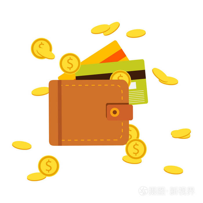 插画 钱, 硬币, 信用卡, 现金的平钱包.矢量.eps