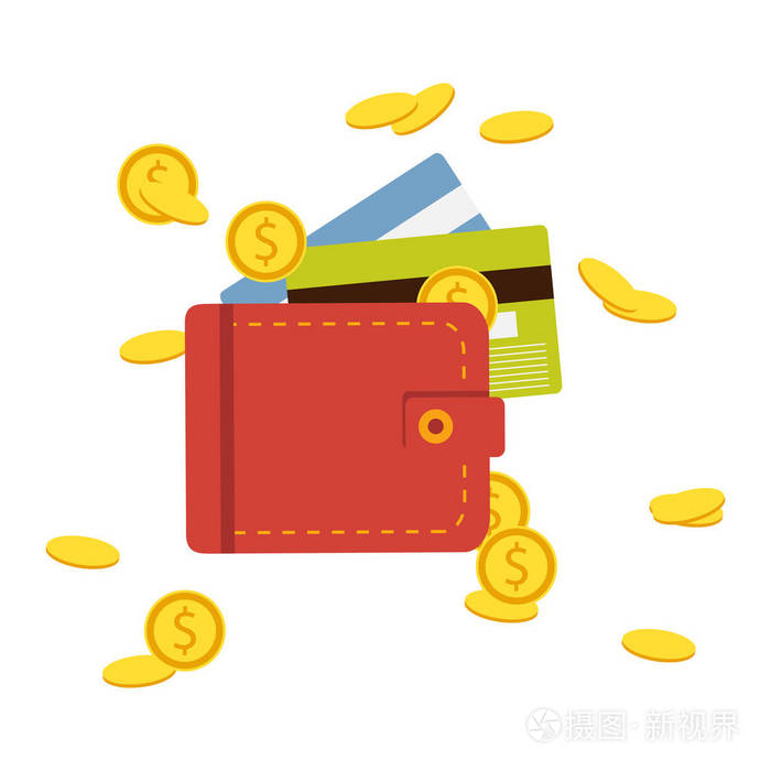 钱, 硬币, 信用卡, 现金的平钱包.矢量