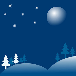 冬季景观与树木和丘陵。夜空与月亮和星星的背景。圣诞节和新年的向量图