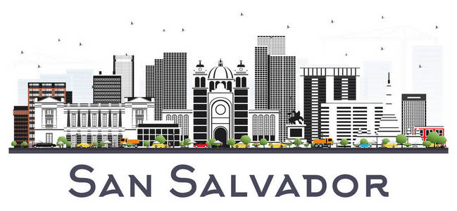 圣萨尔瓦多城市天际线与灰色建筑隔离在白色。矢量插图。现代建筑的商务旅行和旅游理念。圣萨尔瓦多城市景观与地标