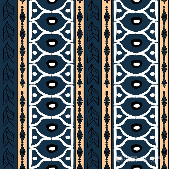 矢量部落图案与蓝色和黄色的手绘条纹装饰.