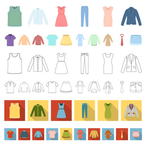 不同种类的服装卡通图标集为设计集。服装和风格矢量符号股票网站插图