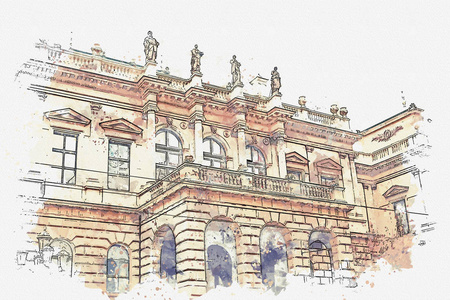 水彩素描或插图。捷克建筑。美丽的建筑在布拉格与阳台, 柱子和雕塑站在顶部